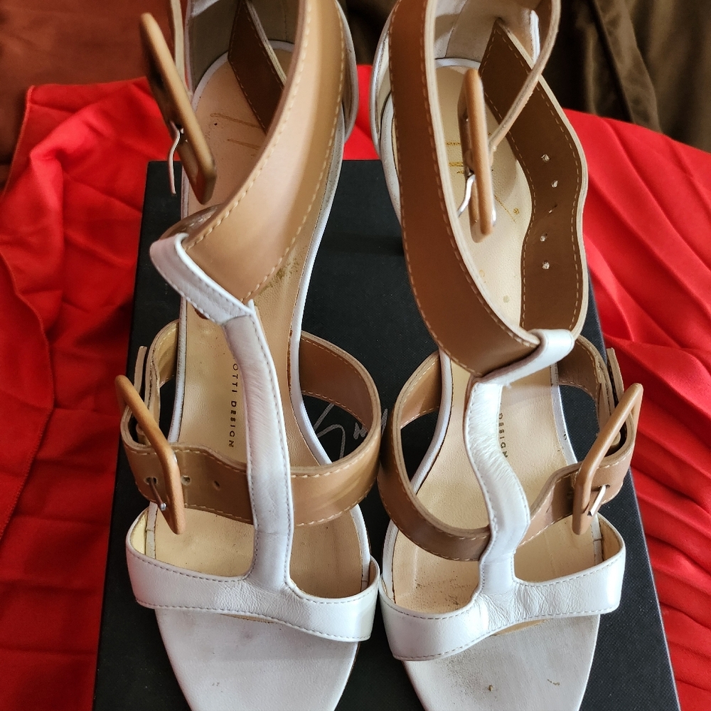 Stylish White and Tan Strappy Guiseppi Sandals